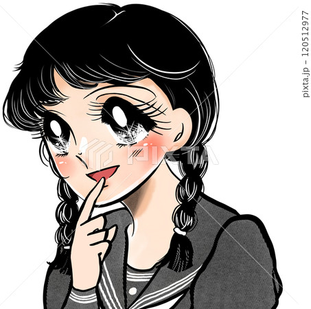 上目遣いで見つめるおさげ髪の昭和漫画風かわいい女子高生ポートレートイラスト 120512977