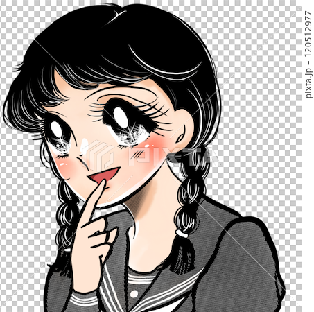 上目遣いで見つめるおさげ髪の昭和漫画風かわいい女子高生ポートレートイラスト 120512977