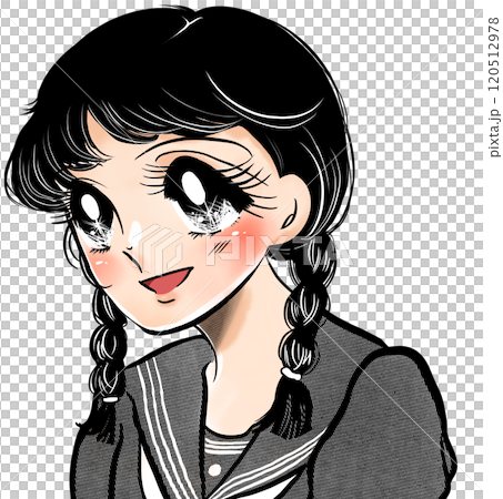 一個可愛的昭和漫畫風格的高中女孩的肖像插圖，辮子抬頭。 120512978