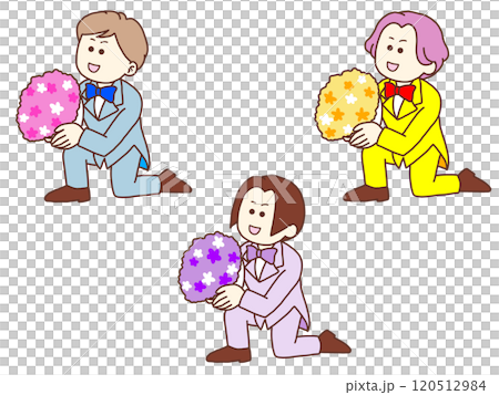 男子單膝跪地，手捧一束花 120512984