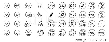 ペンで手描きしたアイコン「にこちゃんマーク」モノクロ喜怒哀楽表情セット_吹き出しと言葉_白黒 ペンで手描きしたアイコン「にこちゃんマーク」モノクロ喜怒哀楽表情セット_吹き出しと言葉_白黒 120513521