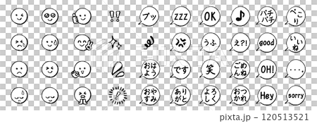 ペンで手描きしたアイコン「にこちゃんマーク」モノクロ喜怒哀楽表情セット_吹き出しと言葉_白黒 ペンで手描きしたアイコン「にこちゃんマーク」モノクロ喜怒哀楽表情セット_吹き出しと言葉_白黒 120513521