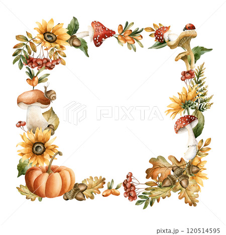 Autumn frame with fall leaves, mushrooms, flowers, insect and animal. Watercolor hand drawn floral isolated illustration for fall design, cozy cards, print, floral labels, kitchen textile, home decor 120514595
