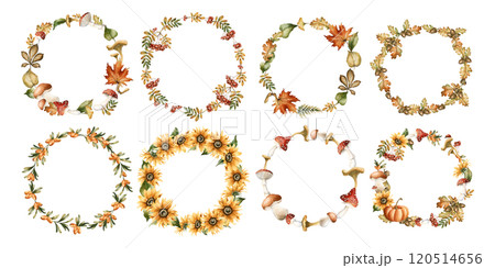 Autumn wreaths with leaves, mushrooms, flowers, insect and animal. Watercolor hand drawn floral isolated illustration set for fall design, cozy cards, print, floral labels, kitchen textile, home decor 120514656