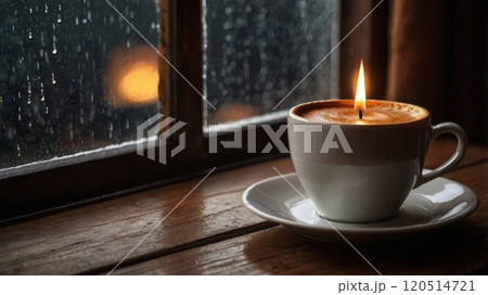 Candle made from a white cup and saucer on a wooden windowsill, rain outside Candle made from a white cup and saucer on a wooden windowsill, rain outside 120514721