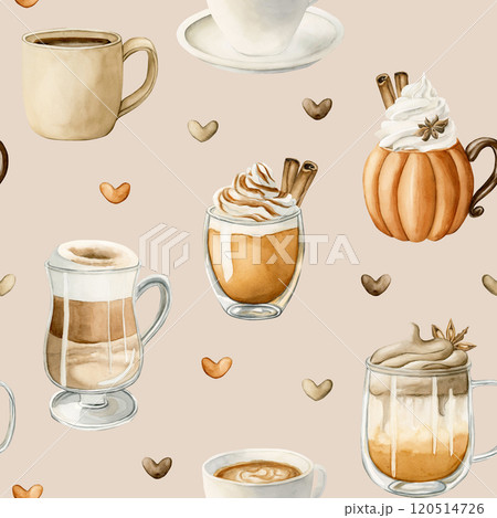 Coffee Latte Macchiato, Pumpkin Spice Dalgona Coffee and other autumn hot beverage. Watercolor food seamless pattern on beige background for cozy kitchen textile, delicious fabric, fall wrapping paper Coffee Latte Macchiato, Pumpkin Spice Dalgona Coffee and other autumn hot beverage. Watercolor food seamless pattern on beige background for cozy kitchen textile, delicious fabric, fall wrapping paper 120514726