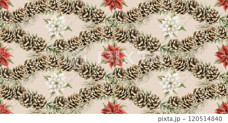 Poinsettia with Pine Cones. Watercolor seamless pattern on beige background with white and red winter flowers and pinecones for Christmas design, winter textile, holiday wrapping paper, cozy cards Poinsettia with Pine Cones. Watercolor seamless pattern on beige background with white and red winter flowers and pinecones for Christmas design, winter textile, holiday wrapping paper, cozy cards 120514840