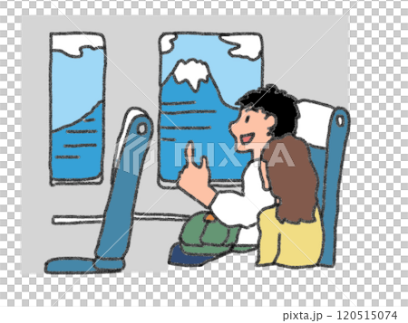 Illustration of a person looking at the scenery from a Shinkansen train in pencil style 120515074