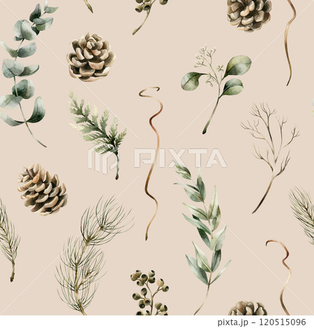 Pine cones, Eucalyptus and Coniferous branches. Winter forest plants. Watercolor floral seamless pattern on beige background for winter design, Christmas wrapping paper, holiday home textile, fabric Pine cones, Eucalyptus and Coniferous branches. Winter forest plants. Watercolor floral seamless pattern on beige background for winter design, Christmas wrapping paper, holiday home textile, fabric 120515096