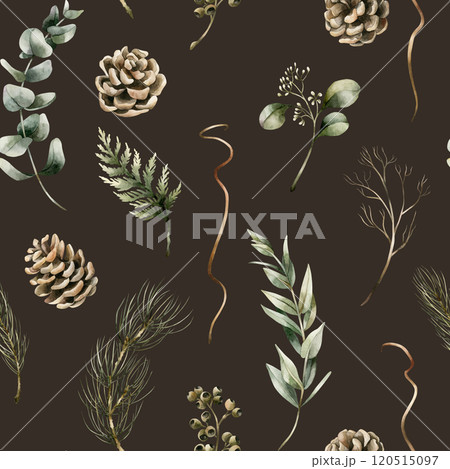 Pine cones, Eucalyptus and Coniferous branches. Winter forest plants. Watercolor floral seamless pattern on dark background for winter design, Christmas wrapping paper, holiday home textile, fabric Pine cones, Eucalyptus and Coniferous branches. Winter forest plants. Watercolor floral seamless pattern on dark background for winter design, Christmas wrapping paper, holiday home textile, fabric 120515097