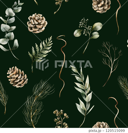 Pine cones, Eucalyptus and Coniferous branches. Winter forest. Watercolor floral seamless pattern on dark green background for winter design, Christmas wrapping paper, holiday home textile, fabric Pine cones, Eucalyptus and Coniferous branches. Winter forest. Watercolor floral seamless pattern on dark green background for winter design, Christmas wrapping paper, holiday home textile, fabric 120515099