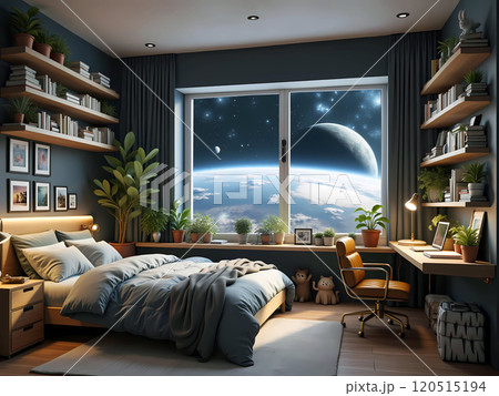 A bedroom on a space station with a view of the stars and space from the window. 120515194