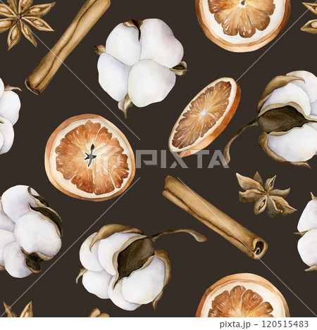 Cotton, orange slices, cinnamon sticks and anise star. Watercolor floral seamless pattern on dark brown background for winter design, Christmas wrapping paper, home textile, holiday fabric, polygraphy 120515483