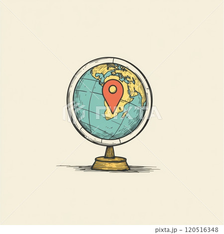 This illustration showcases a minimalist globe with a prominent location pin marking a destination in Southern Africa, emphasizing travel. Generative AI 120516348