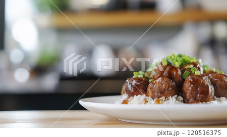 Juicy pork meatballs glazed with teriyaki sauce Juicy pork meatballs glazed with teriyaki sauce 120516375