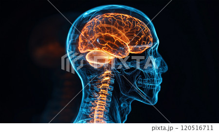 脳内神経パスを強調した未来的な頭蓋骨のX線画 脳内神経パスを強調した未来的な頭蓋骨のX線画 120516711