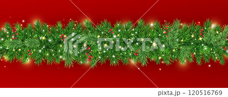 Christmas garland with green fir, glowing lights. New Year luxury red background with realistic pine tree branches, magic gold glitter, stars. Festive party banner with fairy bulb.Vector illustration 120516769