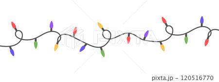 Christmas bright color lights on white background. Colorful garland frame. Led neon lamp for Xmas card, banner, poster, web. decoration. New Year luxury border. Fairy bulb. Vector illustration 120516770