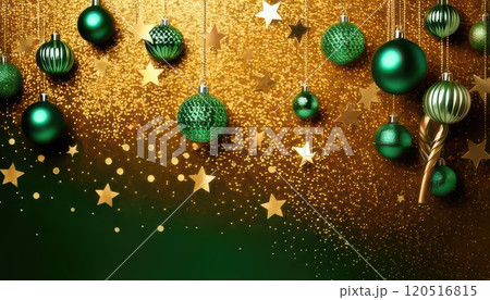 《AI画像》緑のオーナメントで飾り付けた金色と緑色の背景素材 120516815