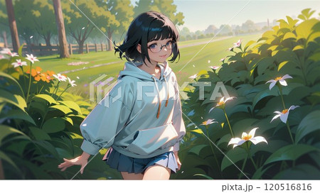花畑を歩く眼鏡の女の子 120516816