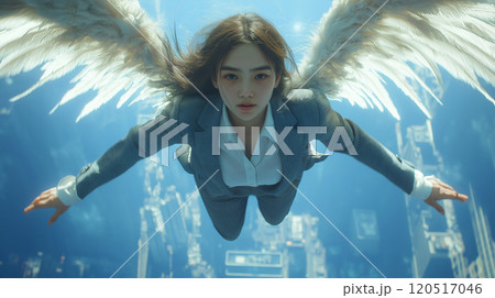 空を飛ぶスーツを着た女性 120517046