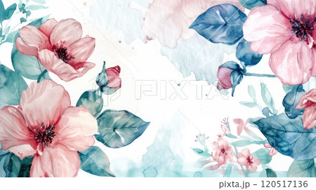 Watercolor painting of pink and blue flowers on white background. AI-generated content. Watercolor painting of pink and blue flowers on white background. AI-generated content. 120517136