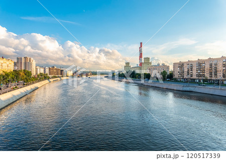View of Berezhkovskaya Embankment in Moscow with reflection on a mirror stone surface View of Berezhkovskaya Embankment in Moscow with reflection on a mirror stone surface 120517339