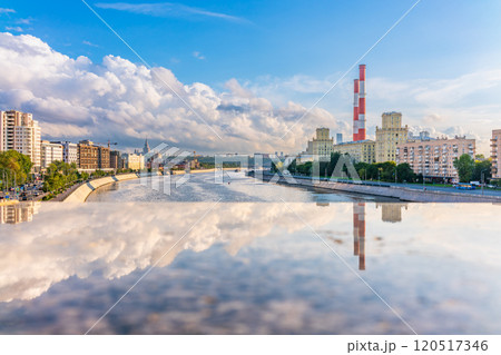 View of Berezhkovskaya Embankment in Moscow with reflection on a mirror stone surface 120517346