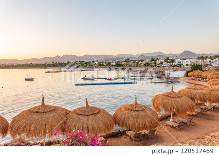 Straw umbrellas on empty beach. Beautiful empty beach with sun umbrellas and sunbeds Straw umbrellas on empty beach. Beautiful empty beach with sun umbrellas and sunbeds 120517469