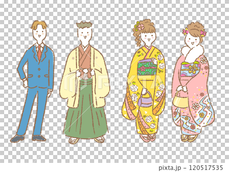 Hand-drawn illustration of men and women for coming-of-age ceremony 120517535