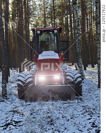 Abandoned combine harvest  in forest with lighted main lights between trees. 120517622
