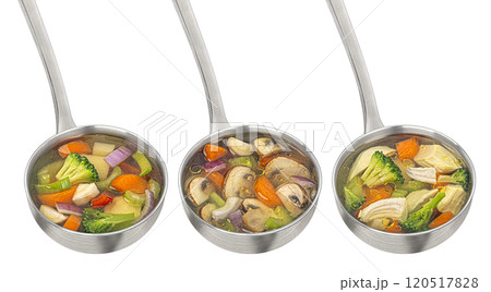 Ladle with soup isolated, mushroom, chicken and vegetable broth on white background, full depth of field, package design element Ladle with soup isolated, mushroom, chicken and vegetable broth on white background, full depth of field, package design element 120517828