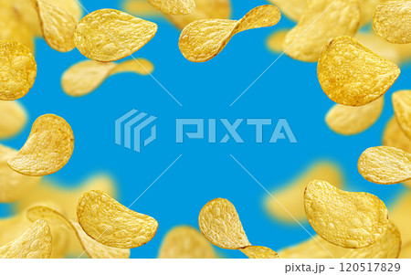 Potato chips frame, blue background, package design element 120517829