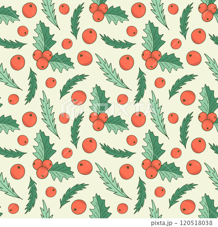 Christmas pattern of holly leaves and berries on a light background. Seamless festive vector pattern, great for party invitations, postcards, textiles, gift wrapping paper and home decor. 120518038