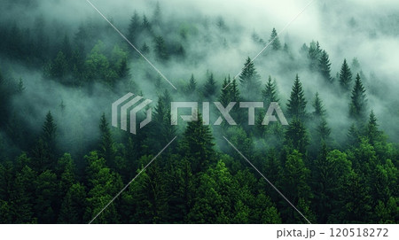Misty landscape with fir forest in hipster vintage retro style 120518272