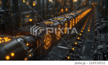 Futuristic industrial corridor with glowing technology in a high-tech facility during nighttime 120518552