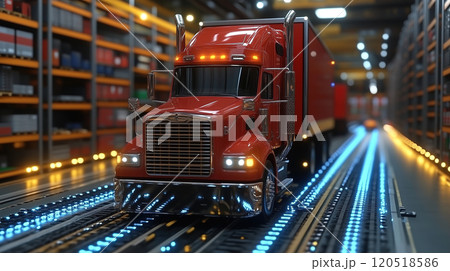 Red truck transporting goods through a well-lit warehouse with shelves filled with products 120518586