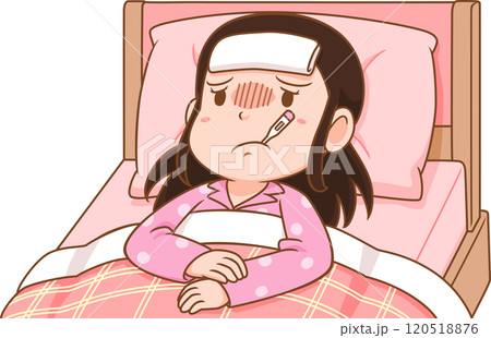Cartoon of sick girl lying on the bed. Cartoon of sick girl lying on the bed. 120518876