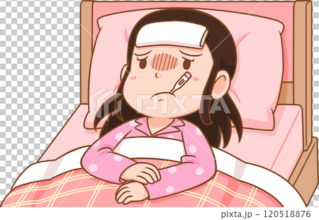 Cartoon of sick girl lying on the bed. 120518876