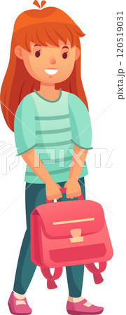 Happy schoolgirl with red hair walks to school with a pink backpack, radiating joy and positivity in a cute illustration 120519031