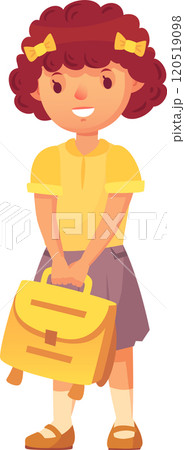 Happy schoolgirl with curly red hair, yellow shirt and gray skirt, holding her yellow satchel and smiling, ready for her first day of school 120519098