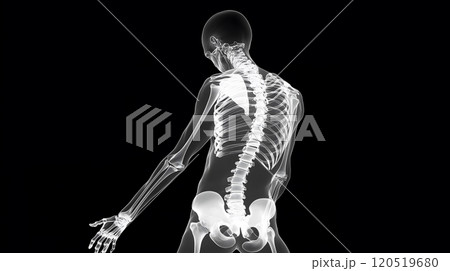 Black and White X-Ray Style Illustration of Human Spine and Skeleton	 120519680