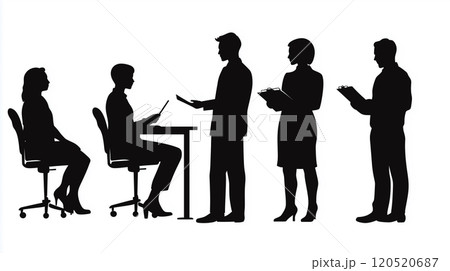 バインダーを持ち並ぶ女性や必要書類を提出するビジネスマンの男性 全身シルエットイラストアイコン バインダーを持ち並ぶ女性や必要書類を提出するビジネスマンの男性 全身シルエットイラストアイコン 120520687