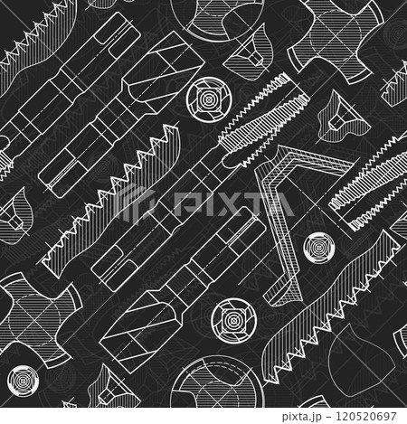 Mechanical engineering drawings on black background. Tap tools, borer. Technical Design. Cover. Blueprint. Seamless pattern. Vector illustration. 120520697