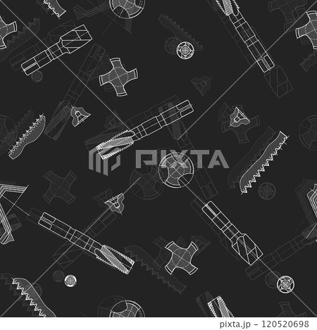 Mechanical engineering drawings on black background. Tap tools, borer. Technical Design. Cover. Blueprint. Seamless pattern. Vector illustration. 120520698