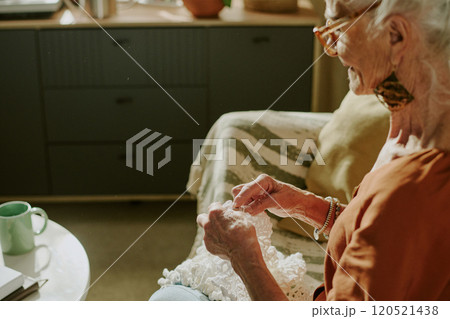 Elderly woman knitting beside window in cozy living space with cup of tea on nearby table and kitchen appliances in background Elderly woman knitting beside window in cozy living space with cup of tea on nearby table and kitchen appliances in background 120521438