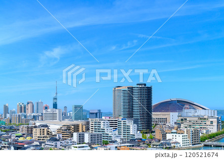 唐人町・大濠公園方面から望む早良区百道浜、地行浜、福岡タワー一帯　2024春　朝カラー 120521674