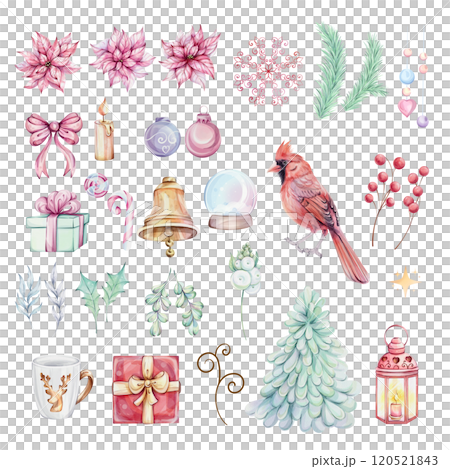 Watercolor Christmas clip art with Pink Poinsettia, red cardinal, brunch, tree, gifts, bell, candy cane. Hand painted illustrations, isolated on white background Watercolor Christmas clip art with Pink Poinsettia, red cardinal, brunch, tree, gifts, bell, candy cane. Hand painted illustrations, isolated on white background 120521843