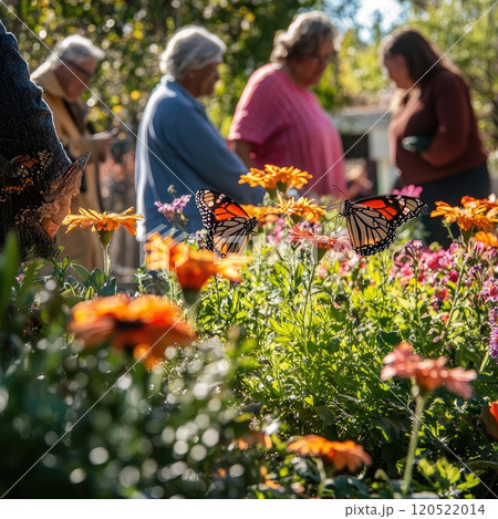 People working together to create a butterfly-friendly garden, with colorful flowers attracting butterflies, soft reflections and shadows, in a sunny, eco-friendly setting 120522014