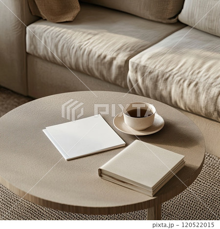 A magazine mockup featuring blank white sheets displayed on a minimalist coffee table. The high detail and muted tones create a casual and stylish vibe, perfect for modern design presentations. 120522015